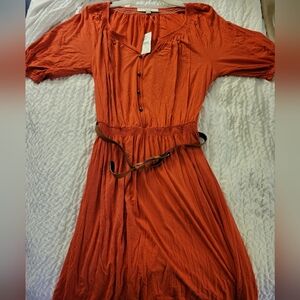 Orange Midi Dress with Belt